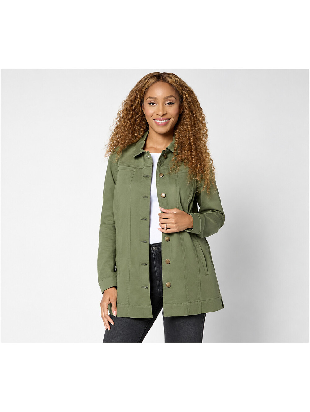 Belle Boho by Kim Gravel Stretch Denim Long Ranch Jacket Tea Leaf, Petite Large